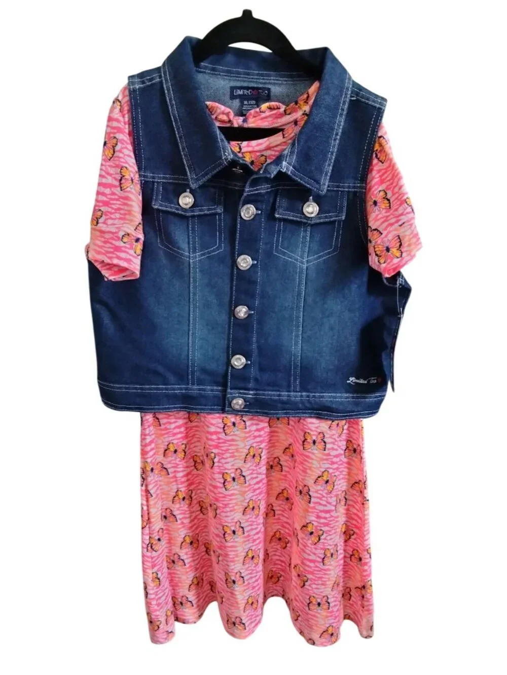 Limited Too Girls Size XL (12) Dress Denim Vest 2-Piece Set Girls Butterfly Pink